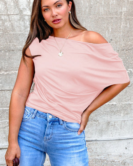 Black Plus Size Solid Color Asymmetric Neck Short Sleeve Blouse