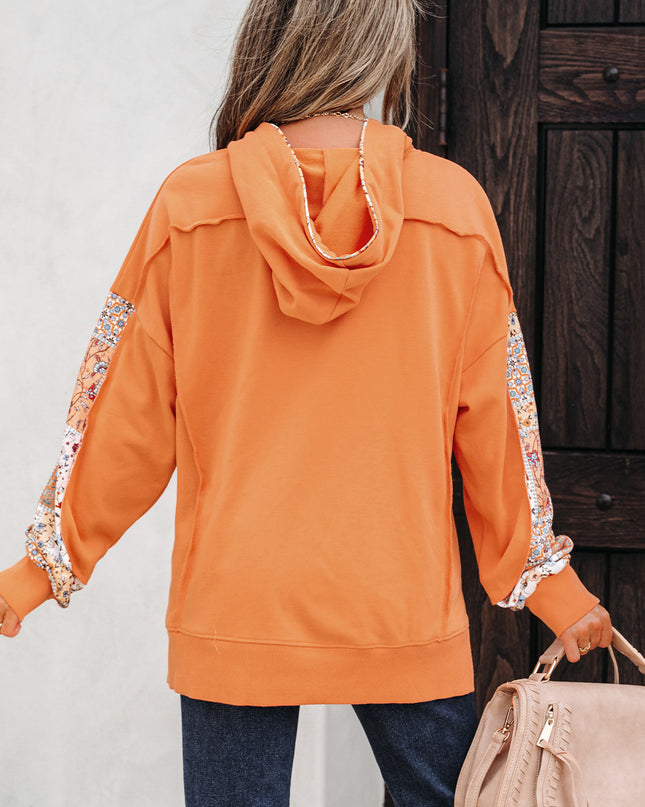Flamingo Mix Floral Patchwork Side Slit Drawstring Hoodie