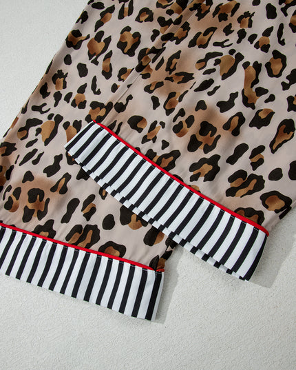 Khaki Plus Leopard Print Contrast Piping Striped Patchwork 2pcs Long Pajama Set