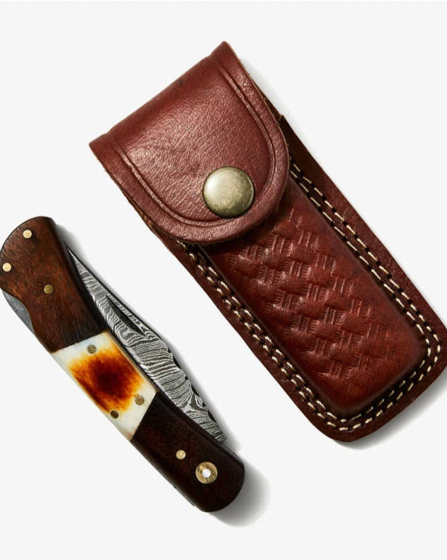 Walnut & Torched Bone Damascus Pocket Knife