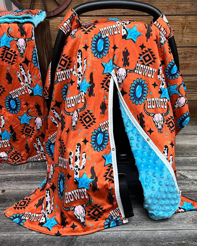 Orange howdy cow skull printed canopy cover. ZYTB25153007 M