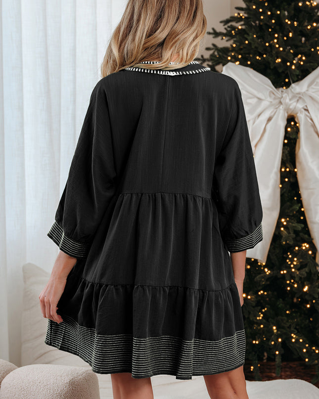 Black Contrast Stitched V Neck 3/4 Sleeve Tiered Mini Dress