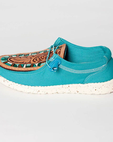 LC-ADFT133TR8 Women's Turquoise Canvas Tooled Leather Loafers - American Darling Western Inlay Slip-Ons