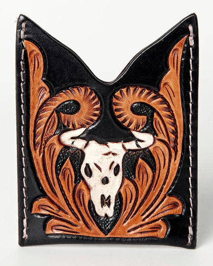 ADCCF107 Hand-Tooled Leather Card Holder - Western Bull Skull & Floral Design