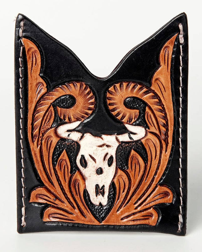 ADCCF107 Hand-Tooled Leather Card Holder - Western Bull Skull & Floral Design