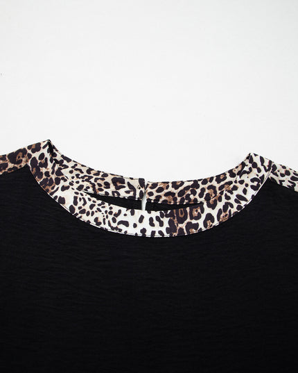 Black Plus Size Leopard Patchwork Round Neck Loose Tee