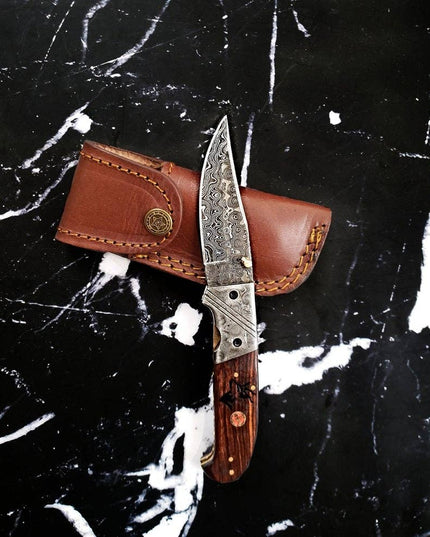 Titan classico- Raindrop Damascus folding blade/ EDC/ Buck engraved TF-001X