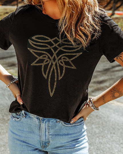 Black Rhinestone Western Pattern Cotton Blend Graphic T Shirt