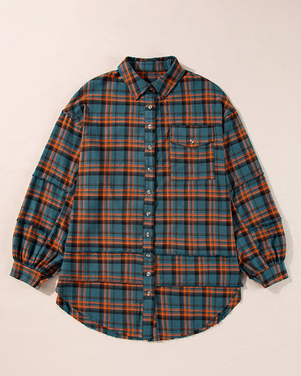Green Plaid Long Sleeeve Side Split Distressed Hem Shirt
