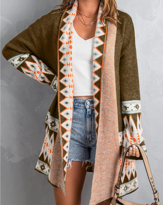 Brown Aztec Print Open Front Knitted Cardigan