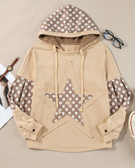 Apricot Floral Patchwork Star Pattern Drawstring Hoodie