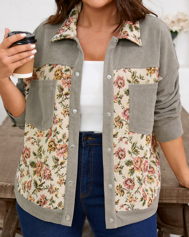 Medium Grey Corduroy Floral Patchwork Vintage Jacket
