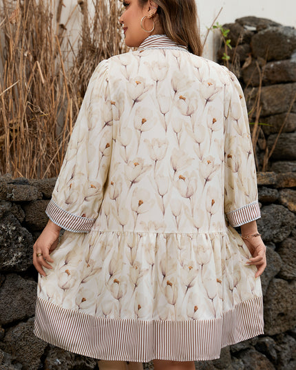 Khaki Plus Size Floral Print Striped Trim Patchwork Button Down A-line Dress