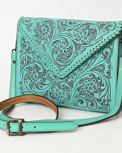 ADBGZ754 Envelope Hand Tooled Leather Wallet Bag - Western Floral Whipstitch Purse