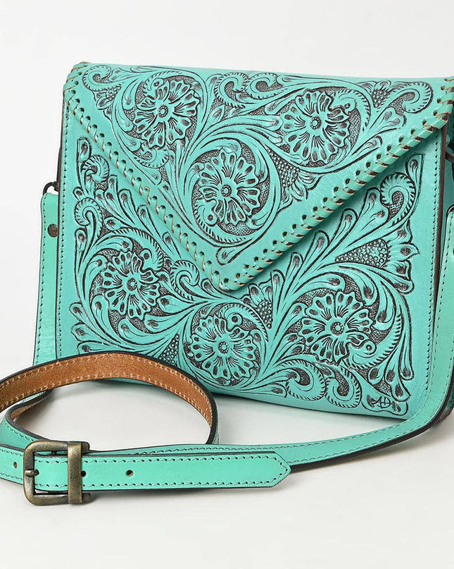 ADBGZ754 Envelope Hand Tooled Leather Wallet Bag - Western Floral Whipstitch Purse