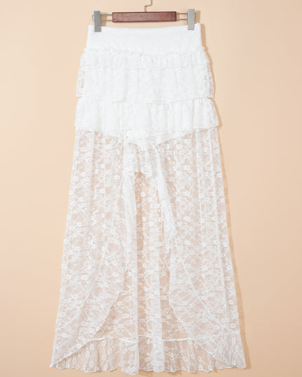 White Sheer Lace Frilly Ruffles High Low Long Skirt