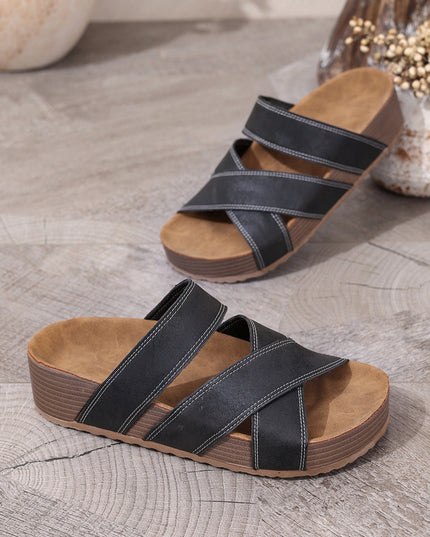 Color black Contrast Stitch Crossed Band Retro Platform Slippers