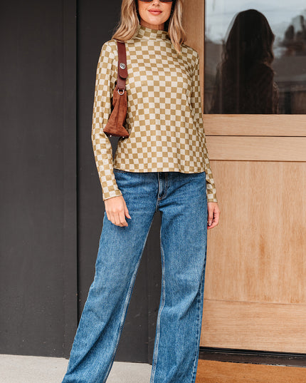 Khaki Check Pattern Turtleneck Ribbed Slim Long Sleeve Tee