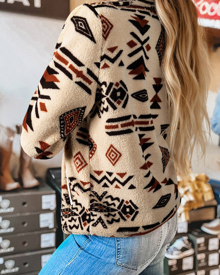 Beige Western Aztec Half Zip Plush Sweatshirt