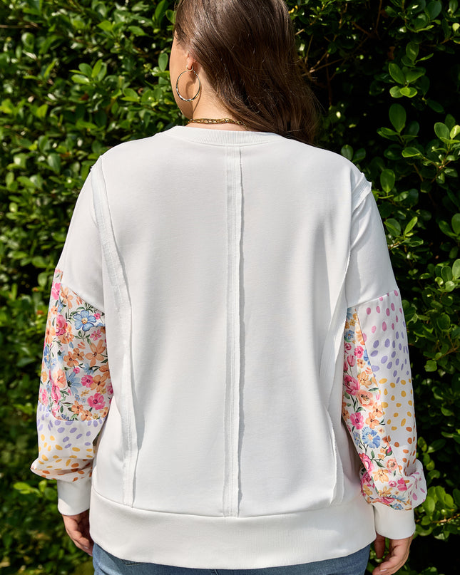White Plus Size Exposed Seam Detail Contrast Dot Floral Patchwork Sleeve Sweatshirt
