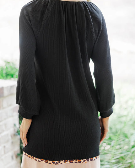 Black Contrast Color Block Leopard Trim Plus Size Ribbed Dress