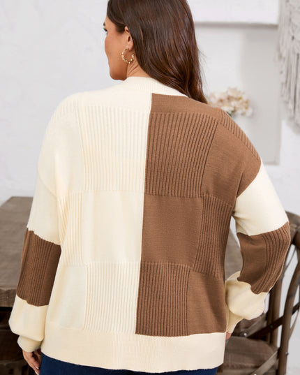 Khaki Checkered Ribbed Texture Knit Plus Size Cardigan Sweater