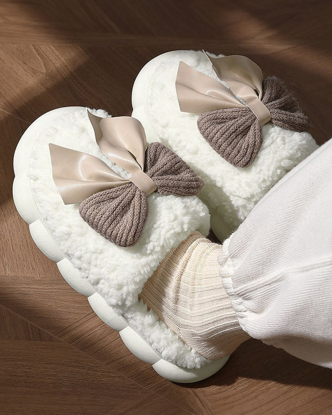 White Contrast Bowknot Applique Plush Winter Slippers (Colors May Differ by Batch)