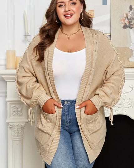 Parchment Cable Knit Braided Tie Sleeve Plus Size Open Cardigan