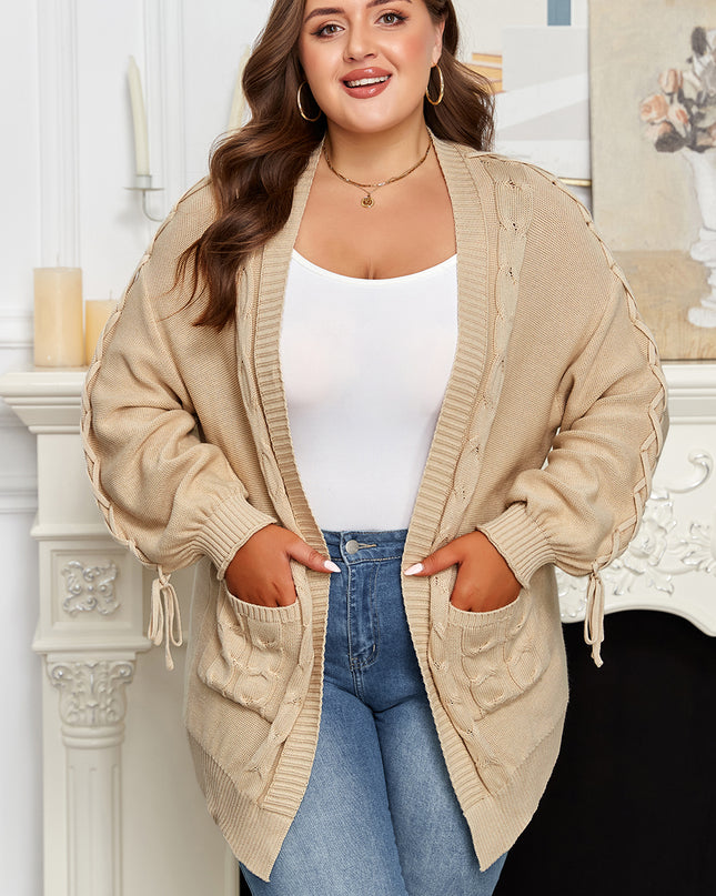 Parchment Cable Knit Braided Tie Sleeve Plus Size Open Cardigan