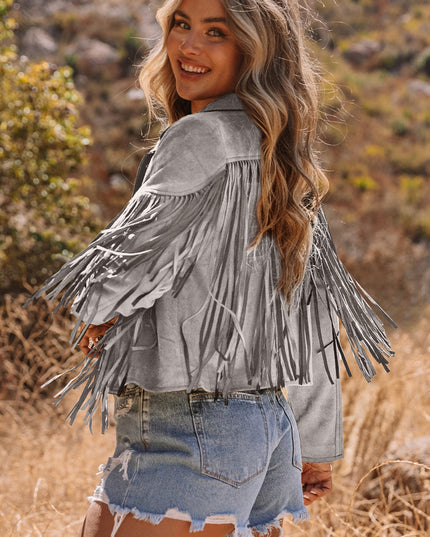 Gray Cropped Fringe Faux Suede Jacket