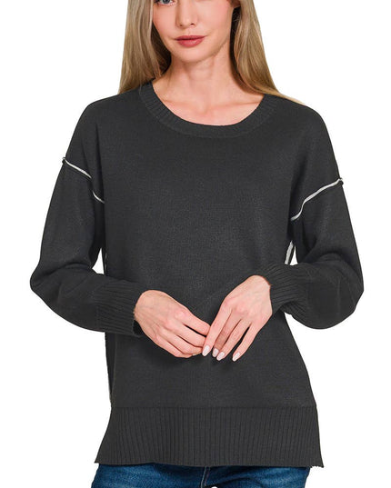 0805 Round Neck Contrast Trim Sweater SI-28343 Zenana