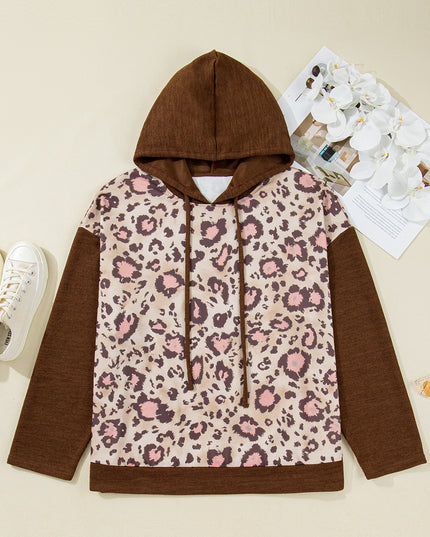 Brown Leopard Print Knit Patchwork Plus Hoodie