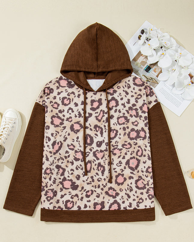 Brown Leopard Print Knit Patchwork Plus Hoodie
