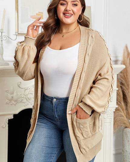 Parchment Cable Knit Braided Tie Sleeve Plus Size Open Cardigan
