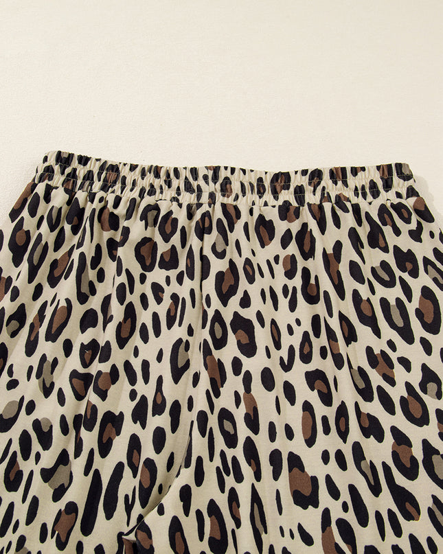 Khaki Exposed Seam Patched Pocket Plus Size Drawstring Leopard Wide Leg Pants
