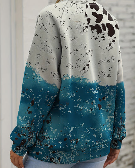 Blue Tie Dye Cow Color Block Pullover Sweatshirt