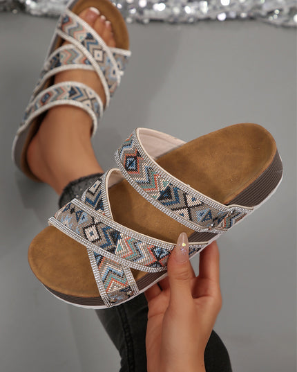 Color black Tribal Geometric Rhinestone Embellished Strappy Hollowed Platform Slippers