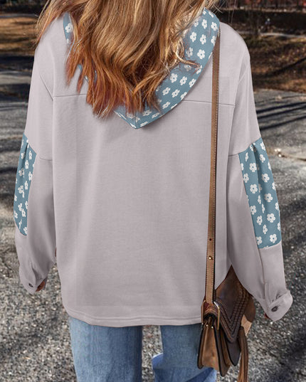 Beau Blue Floral Patchwork Star Pattern Drawstring Hoodie