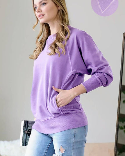 `Washed French Terry Pullover With Side Pockets Zenana