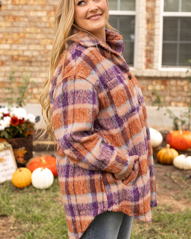 Multicolour Plus Size Plaid Print Collared Button up Jacket