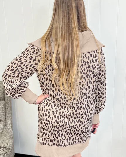 Khaki Leopard Print Zip up Collar Patchwork Shift Mini Dress