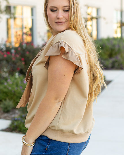 Parchment Ruffled Short Sleeve Bowknot Applique Crew Neck Plus Size Top