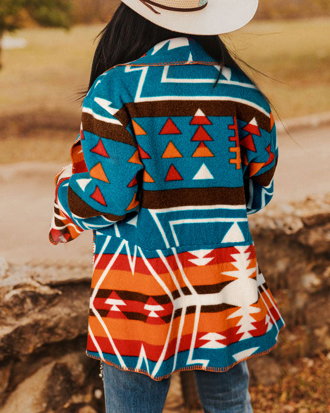 Sky Blue Aztec Printed Lapel Bell Sleeve Jacket
