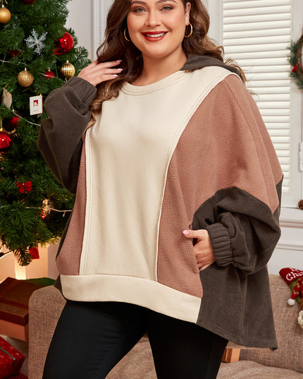 Brown Exposed Seam Colorblock Plus Size Hoodie