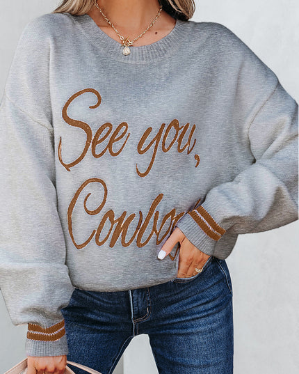 Light Grey See You Cowboy Embroidered Western Graphic Sweater