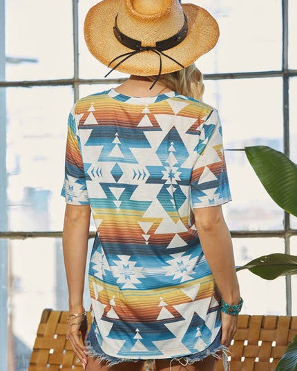 AV407-EVERLY AZTEC PRINT RELAXED V NECK TOP