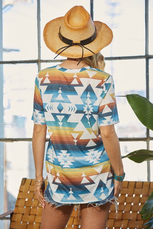 AV407-EVERLY AZTEC PRINT RELAXED V NECK TOP