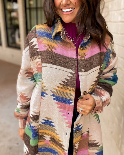 White Aztec Print Button Up Shacket