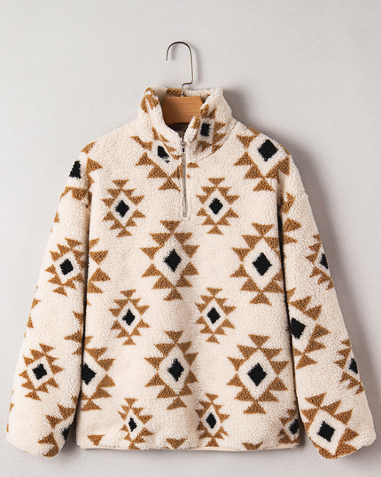 Khaki Aztec Print Sherpa Quarter Zip Collar Sweatshirt