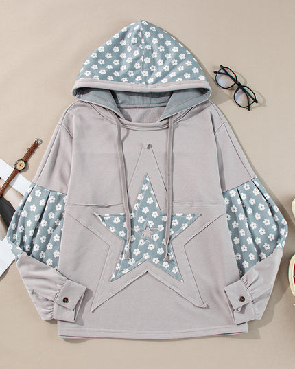 Beau Blue Floral Patchwork Star Pattern Drawstring Hoodie
